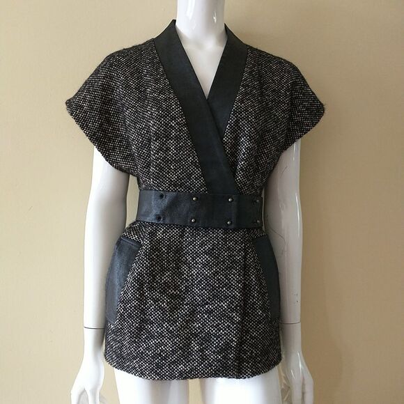 French Connection Jacket Womens 2 Brown Black Wool Alpaca Sleeveless Belted - Picture 1 of 9